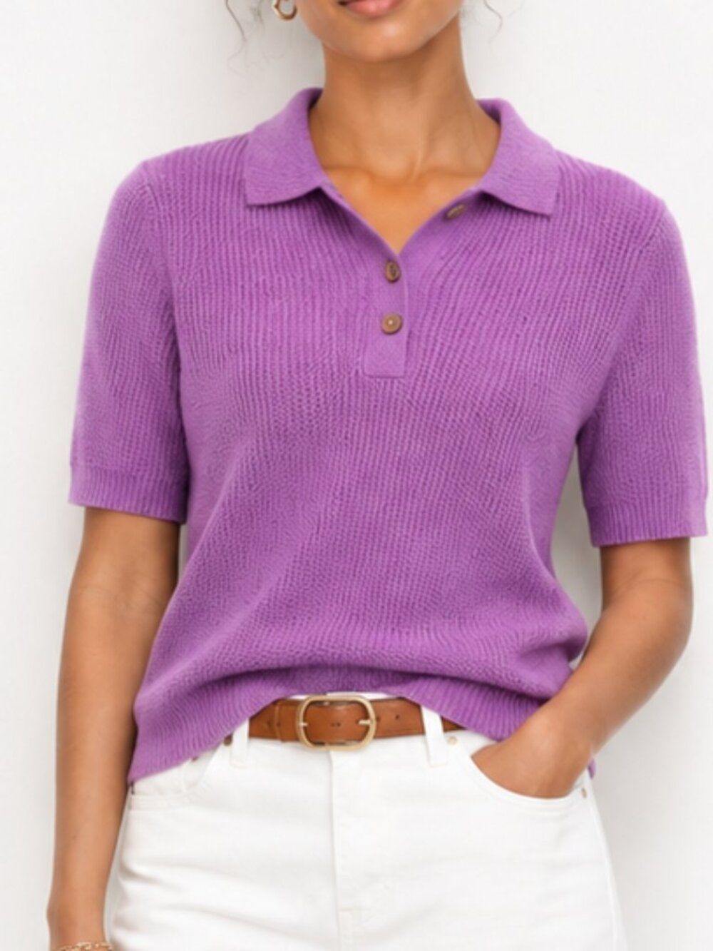 Appleseed's Linen Cotton Knit Polo Sweater Purple Size Small Collared Short Slee